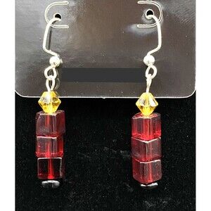 Handmade Candle Yellow Crystal Red & Black Glass Bead Earrings by Neanie-Bot